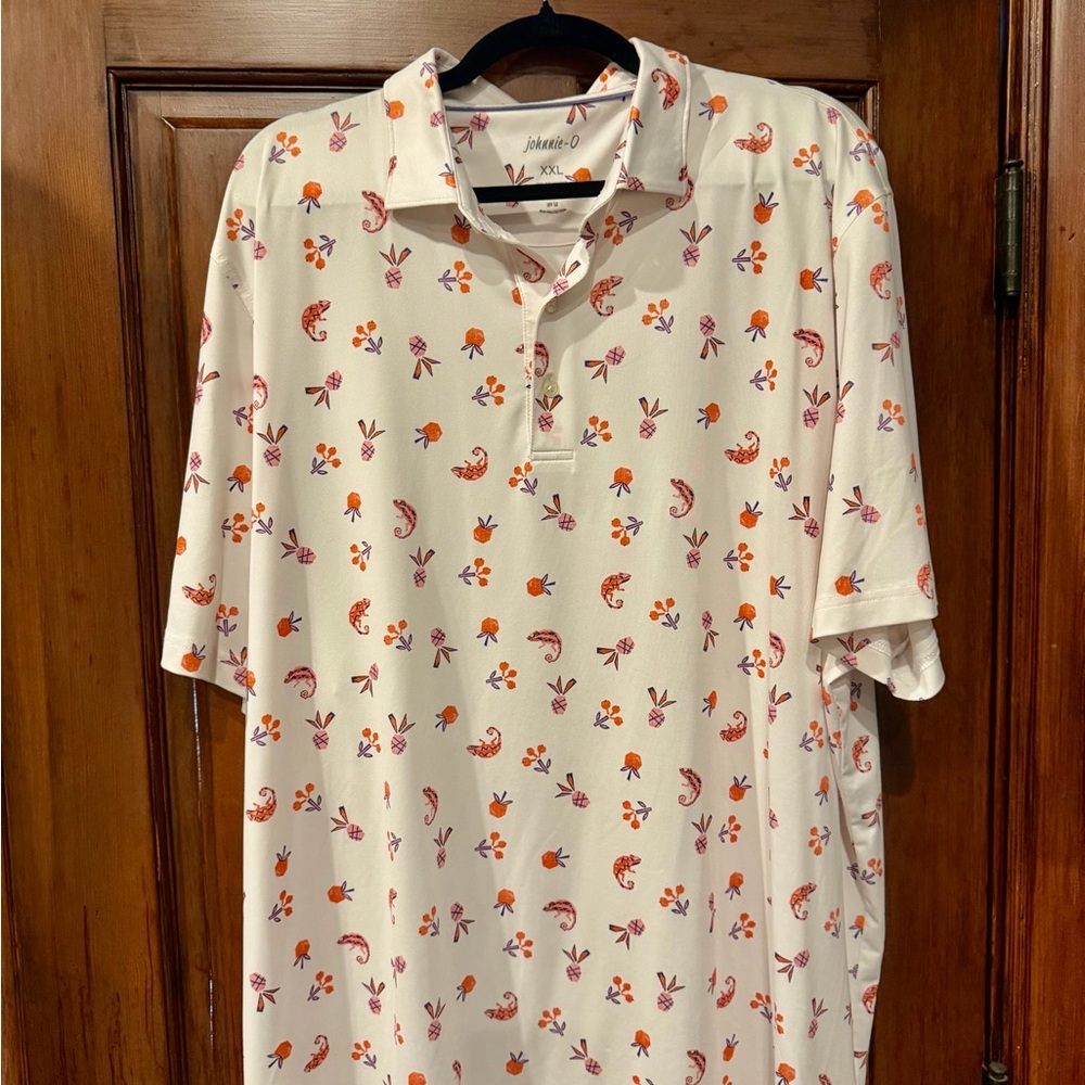 johnnie-O White Performance Polo with Orange & Purple Floral Motif